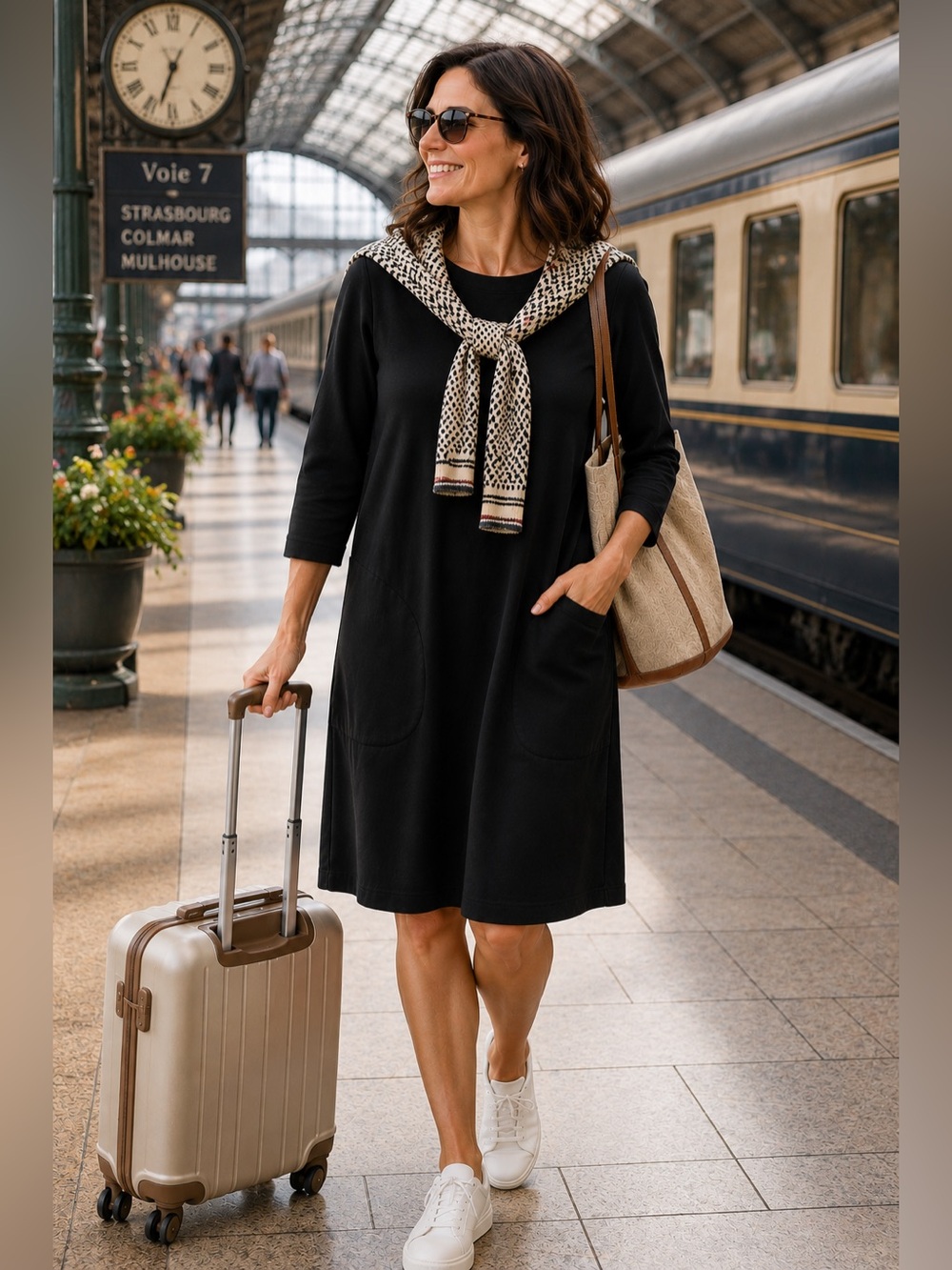 Garnet Hill Organic Pima Cotton Black Knit Dress 3/4 Sleeve Pockets